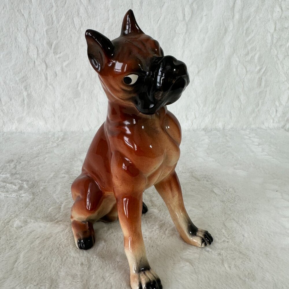 Vintage Boxer Dog Figure Ceramic Porcelain Sitting giving side eye glance